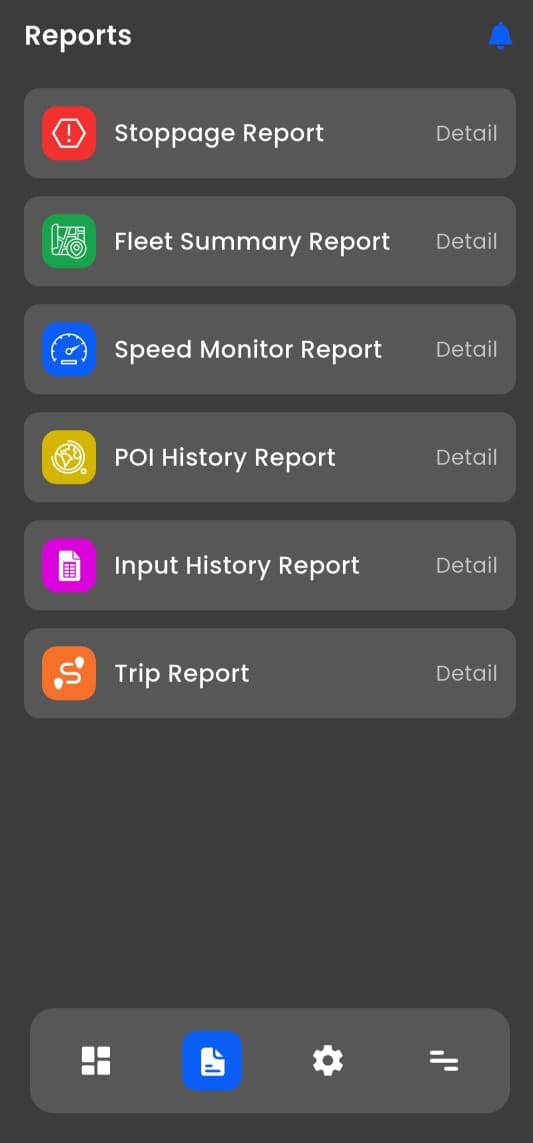 Reports hub providing centralized access to all analytical reports including stoppage, trip, speed, and POI data