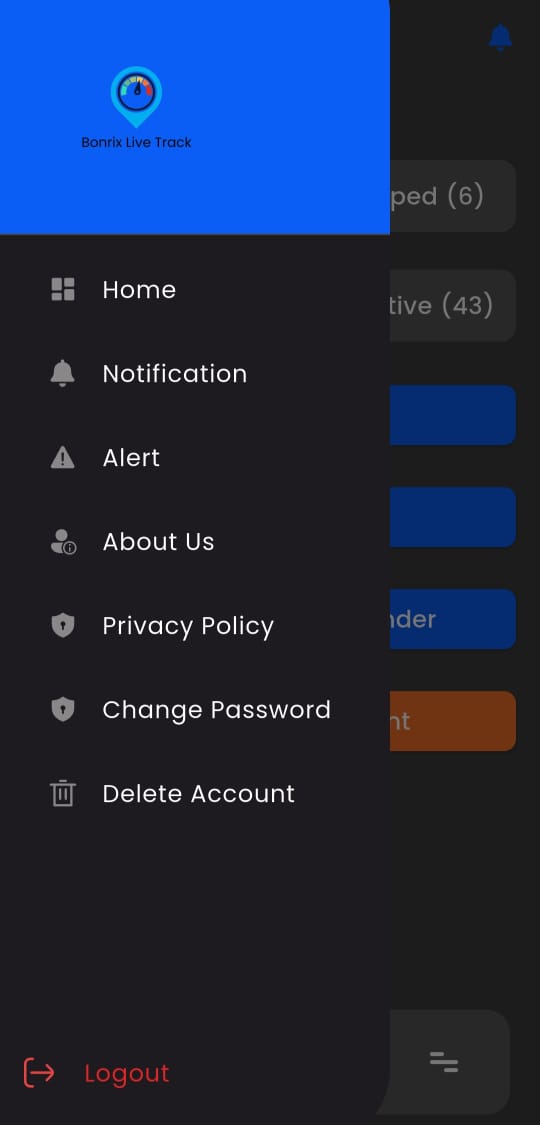 Bonrix Live Tracker main menu interface providing quick access to monitoring, reports, settings, and vehicle control features