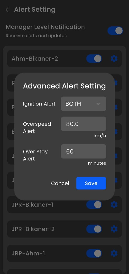 Alert settings interface to customize real-time notifications for overspeeding, geofence breaches, idle time, and maintenance reminders
