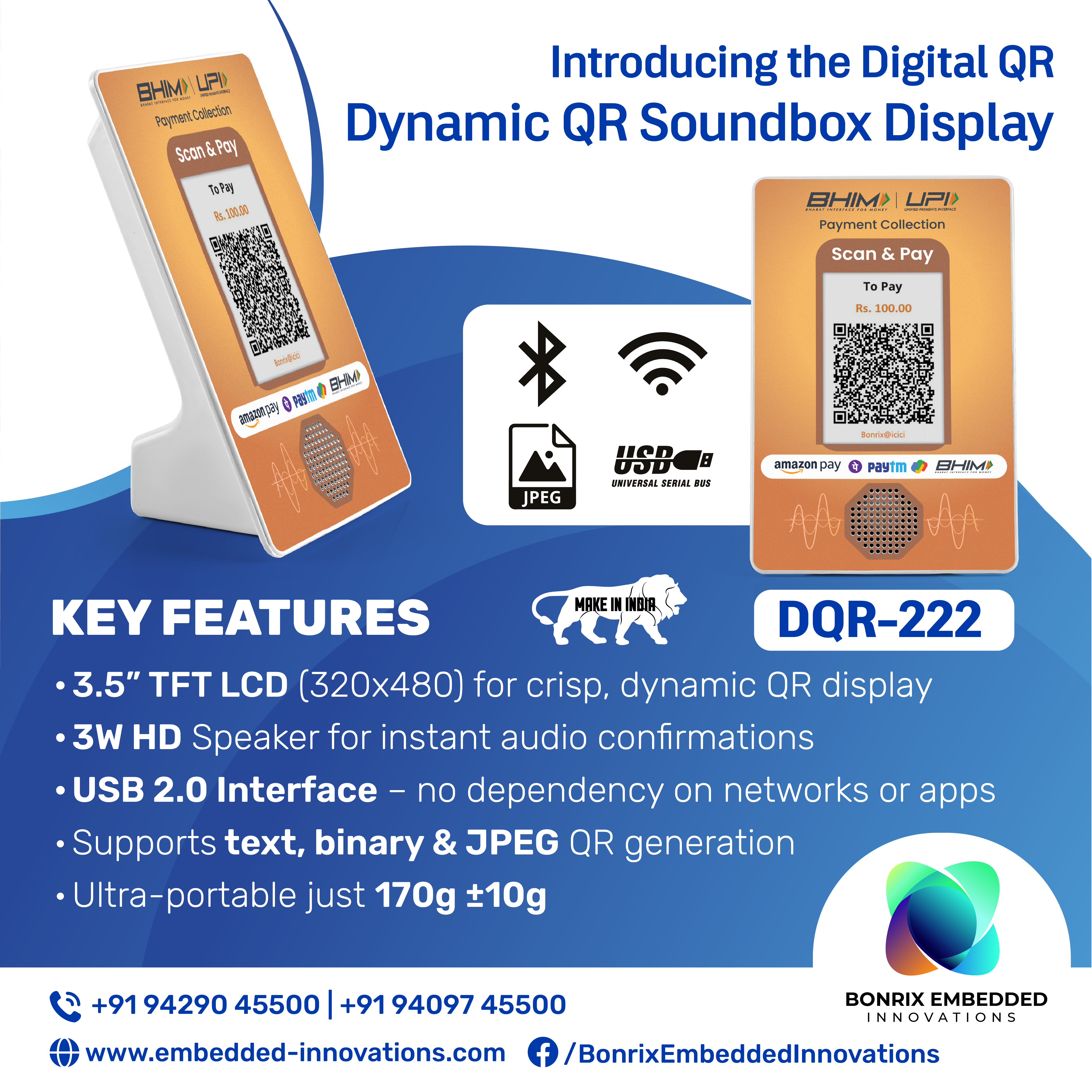 Key features of the Bonrix DQR-222 Dynamic QR Soundbox Display, highlighting crisp display, 3W HD speaker, USB connectivity, and portability