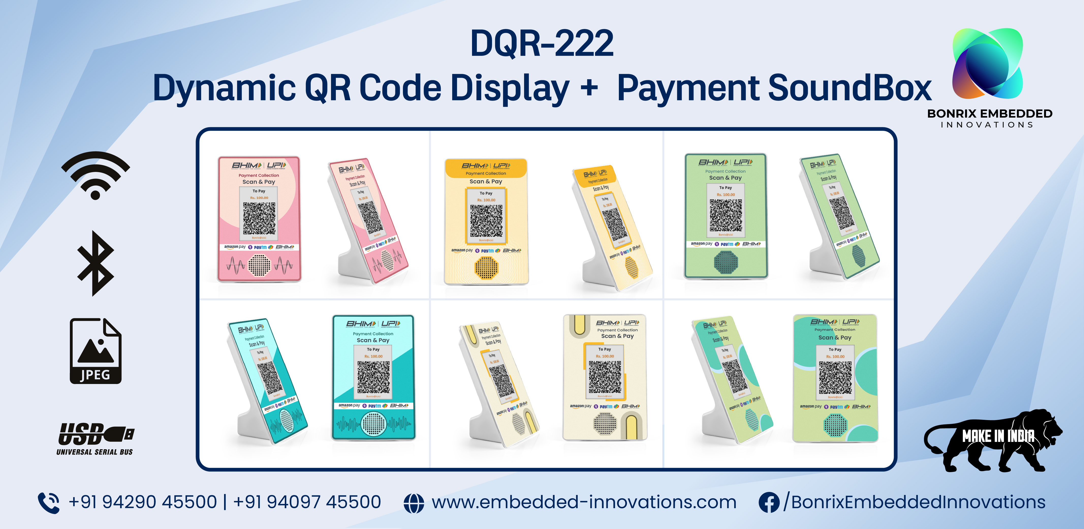 Dynamic QR Code Display and Payment SoundBox DQR-222 in various vibrant color designs by Bonrix Embedded Innovations