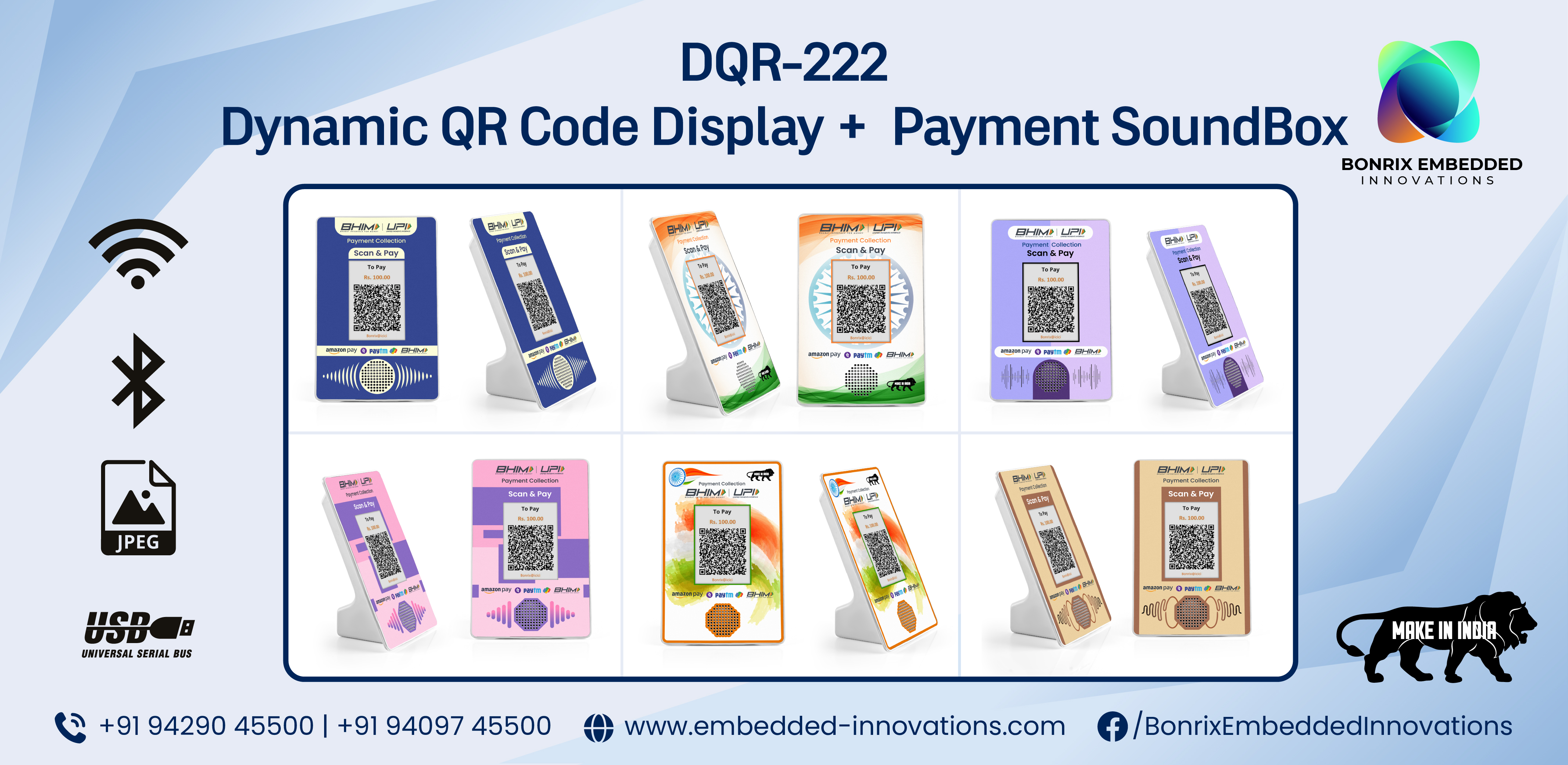 Colorful variations of Bonrix DQR-222 Dynamic QR Code Display and Payment SoundBox with modern design aesthetics