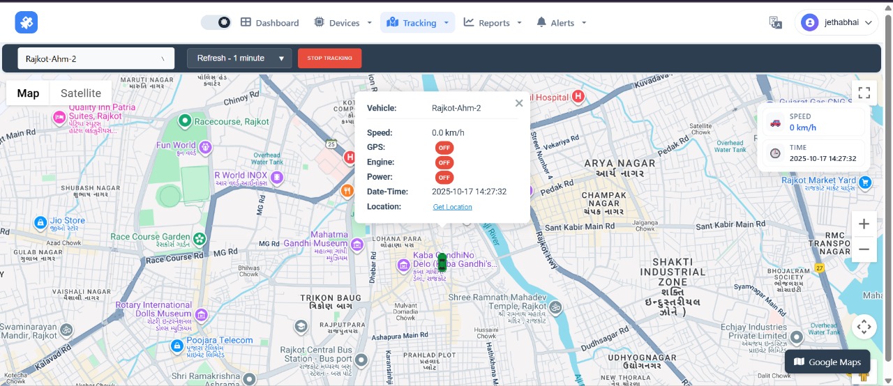 Live vehicle tracking map focused on Rajkot city showing the recently traveled route of a selected vehicle