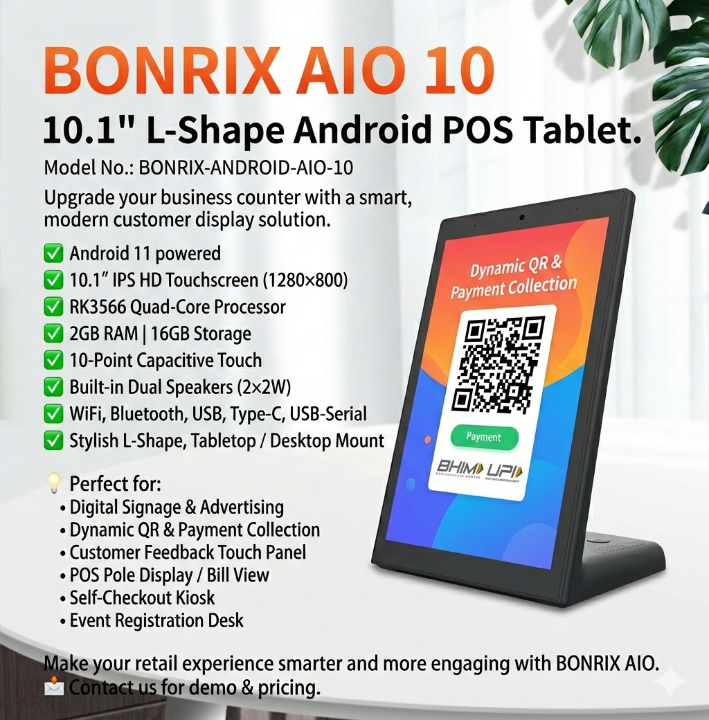 BONRIX AIO 10 – Smart 10.1” L-Shape Android POS Tablet for Retail Counters with Digital Signage, Dynamic UPI QR Payments & Engagement Experience