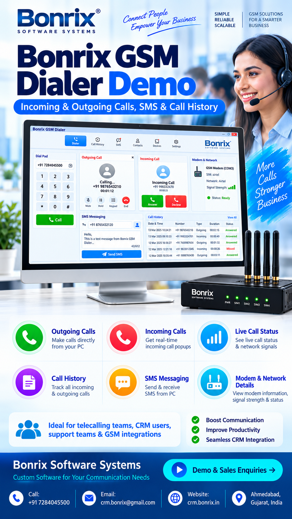 Bonrix GSM Dialer Demo | Incoming & Outgoing Calls, SMS & Call History