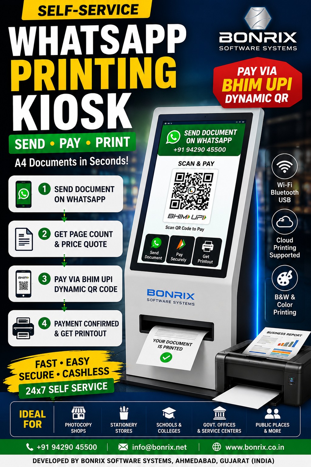 Bonrix WhatsApp Printing Kiosk: Send Documents, Pay via BHIM UPI and Get Instant A4 Printouts Easily