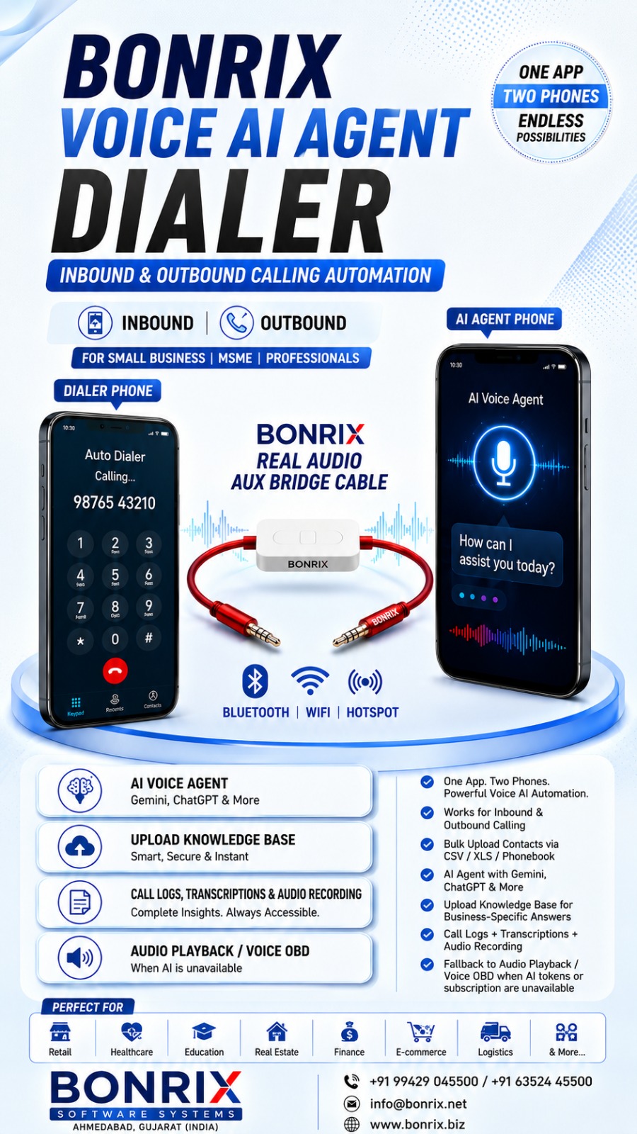 Bonrix Voice AI Dialer & AUX Audio Bridge Cable: 2‑Phone AI Calling, Inbound/Outbound for MSMEs