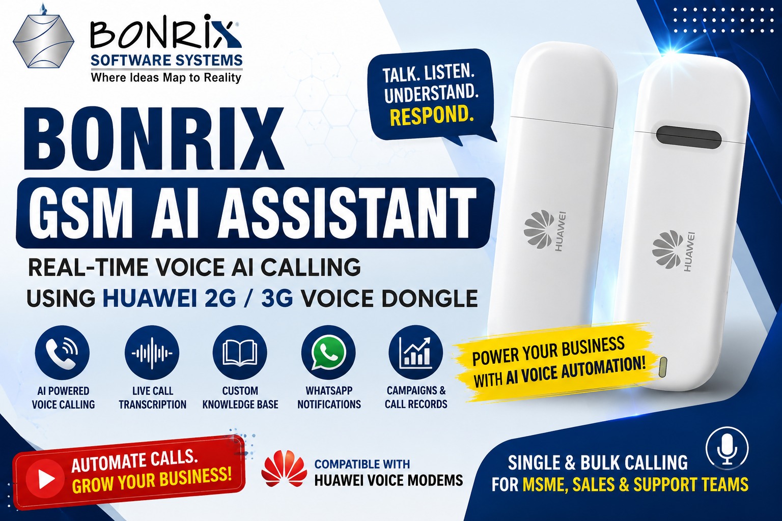 Bonrix Voice Bot & AI Auto Dialer - Revive Huawei 3G Dongle as 24x7 Low-Cost Voice AI for MSME
